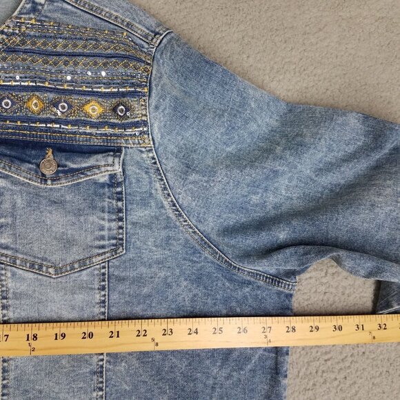 NEW Avenue Jean Jacket Women's 26/ 28 Blue Embroidered Sequin Denim Button Up - Picture 8 of 13